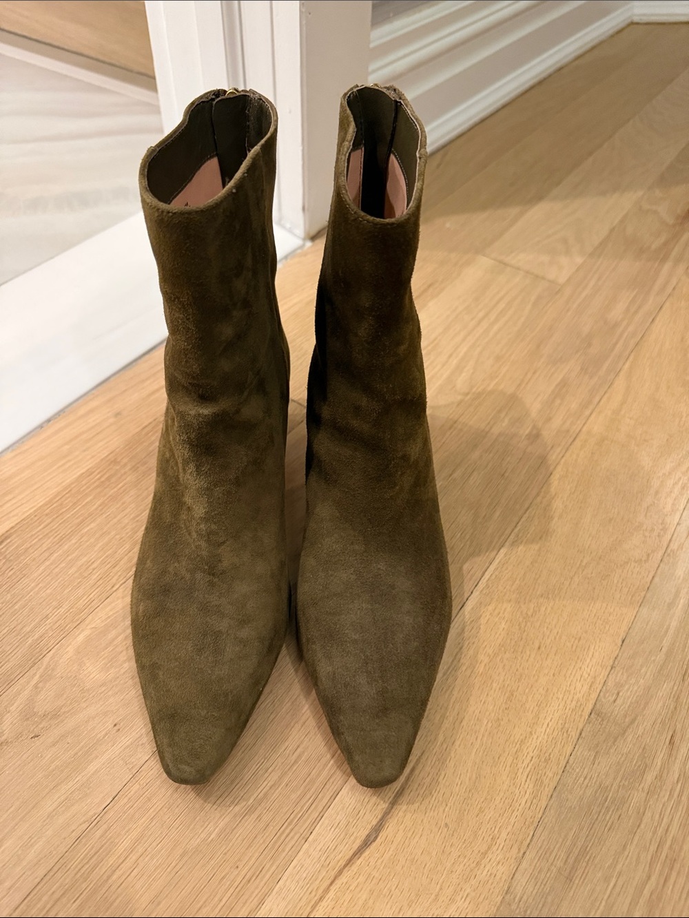 J. Crew Olive Suede Pointed Ankle Booties